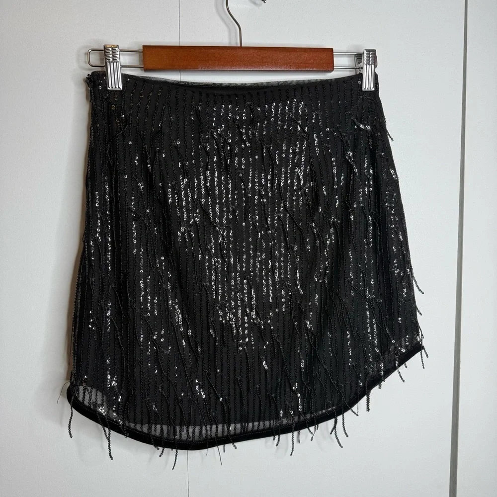 Avec Les Filles Black sequined Fringe mini Skirt NWT XS